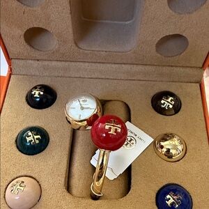 Tory Burch Gold-Tone Bangle Watch with Red Enamel Topper